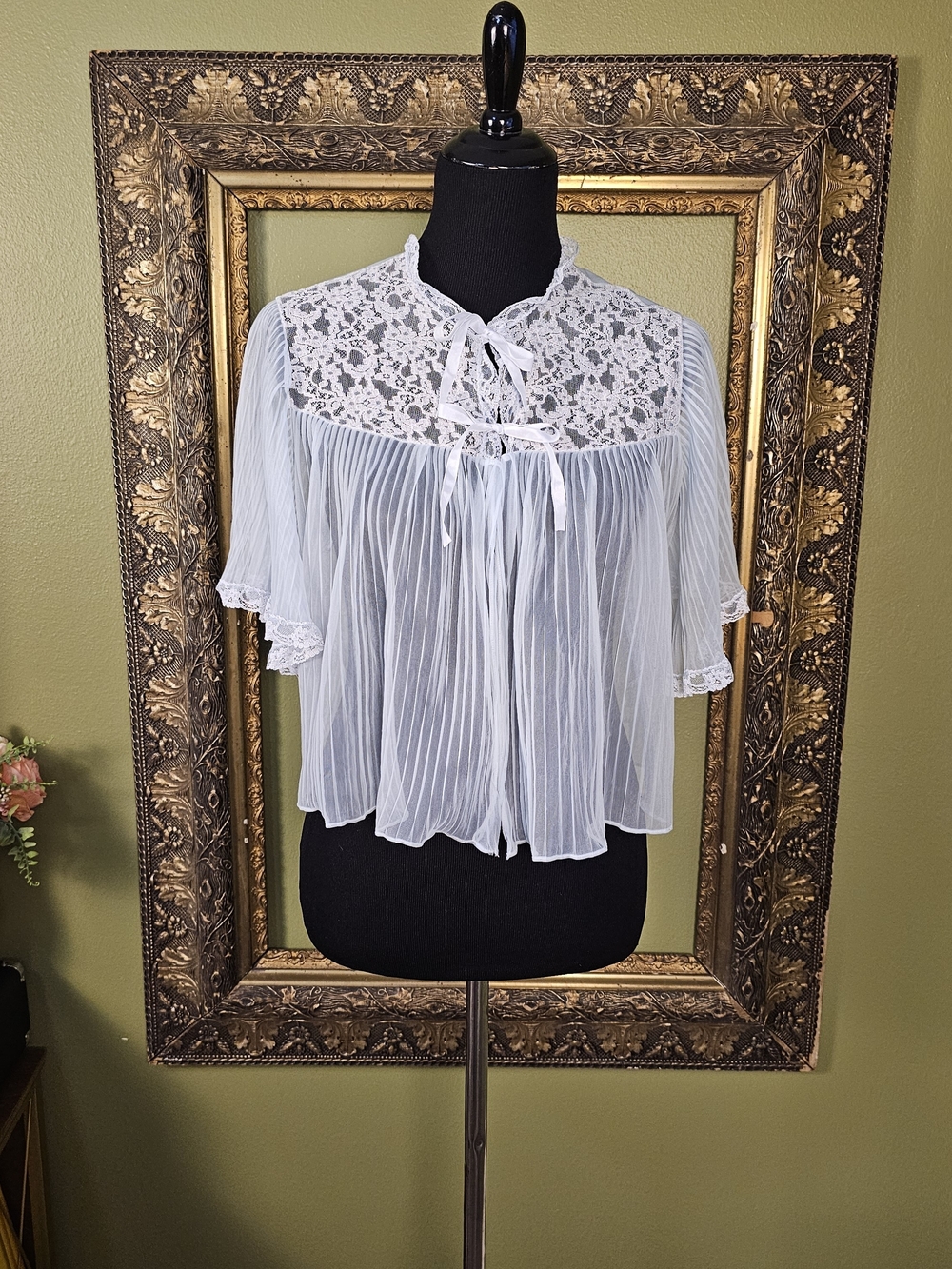 Vintage Michelene Bed Jacket Powder Blue Sheer Pleated Lace Lingerie Small